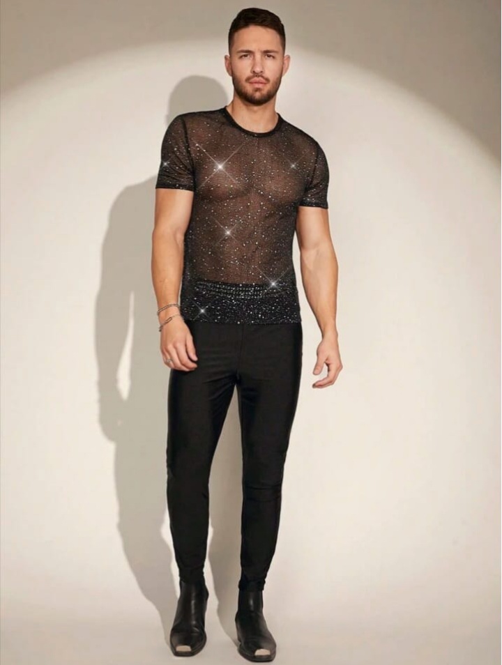 Men's Rhi9nestone Emblished Knit Casual T-Shirt